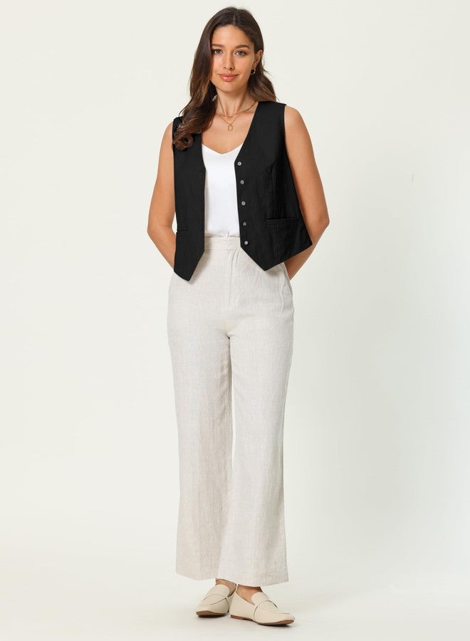 Hobemty Women's Linen Vest Sleeveless Button Down V Neck Formal Business Waistcoat Medium Black - Image 2